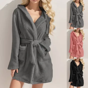 Женский флисовый халат с капюшоном, Мягкая фланелевая пижама, Нижнее белье, осенне-зимняя ночная рубашка с длинными рукавами, однотонные ночные рубашки, халат.