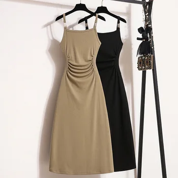 Женское платье-слинг большого размера, без рукавов, с квадратным воротником, Повседневное Женское Летнее Элегантное Облегающее платье трапециевидной формы, черно-белое Вечернее плиссированное платье