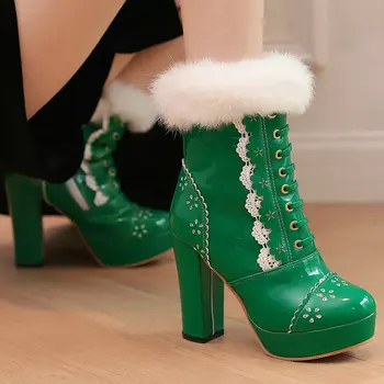 Зеленый, Желтый, Белый, Лазерная резка, Милая Женская Зимняя теплая обувь, большие размеры 34-48, Ботильоны на платформе и высоком каблуке из искусственного меха