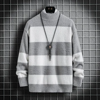 Зимний мужской свитер 2023 года, теплый свитер в полоску с длинным рукавом, норковый флис, высококачественный свитер, мужской повседневный свитер MY1855