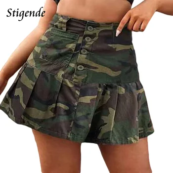 Камуфляж плиссированные мини-юбки для женщин армейский зеленый кнопка вверх нерегулярные юбка повседневная Лоскутная Bodycon юбка