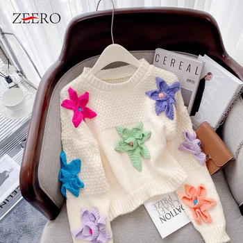 Кашемировый свитер для женщин на осень и зиму в стиле ретро, свободный, вязаный с объемным цветком, утолщенный, короткий, с надписью warn 2023