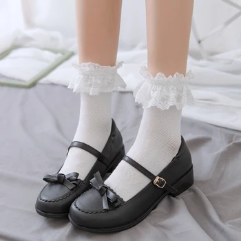 Короткие носки с оборками и кружевом для женщин и девочек, японская школа, сплошной цвет, дышащая сетка, хлопок Принцессы