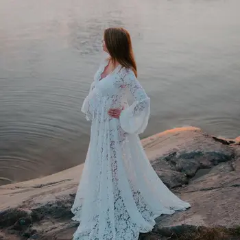 Кружевное Пляжное платье для фотосессии беременных Иллюзия Длинные рукава Платья для выпускного вечера Болеро с V-образным вырезом Макси-платье