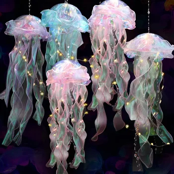 Лампа в виде цветка медузы, Красочные Подвесные ночные светильники, Портативный фонарь, освещение атмосферы в спальне для девочек, Украшение домашнего сада