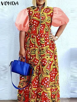 Летнее Длинное платье 2023 VONDA с цветочным принтом, Винтажное Элегантное Женское Повседневное платье с коротким рукавом-фонариком, Богемный Макси-сарафан, Вечерний халат