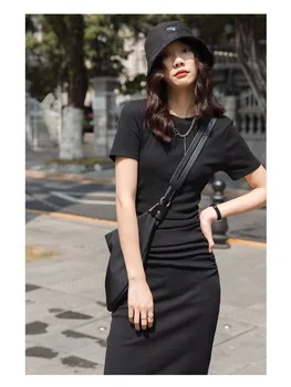 Летнее платье-футболка для женщин, миди-платья с круглым вырезом и коротким рукавом, черный /Серый цвет, Модная одежда в корейском стиле, Повседневная одежда