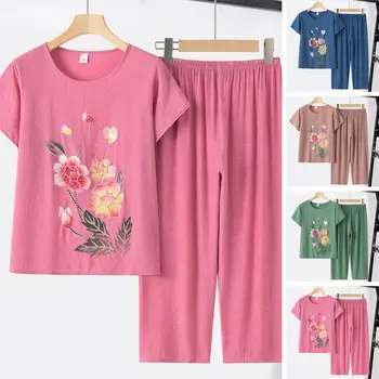 Летние комплекты из двух предметов, женская рубашка с цветочным принтом и круглым вырезом, топы с коротким рукавом и брюки с высокой талией, повседневный спортивный костюм, женская одежда