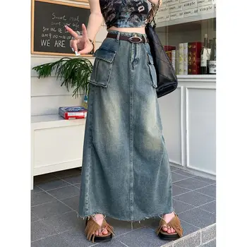 Летняя джинсовая юбка-полукомбинезон в Гонконгском стиле для женщин 2023, Новая мода, водная стирка, Винтажная свободная повседневная длинная юбка трапециевидной формы