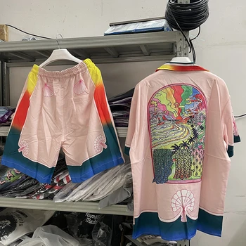 Летняя Розовая пляжная рубашка Casablanca с радужным принтом Мужчины Женщины Гавайские пляжные рубашки Casa Blanca Футболка Готическая одежда Мужская рубашка