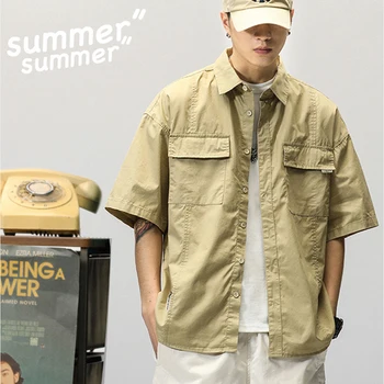 Летняя японская рубашка Карго с коротким рукавом, мужские рубашки с карманами и отложным воротником на пуговицах, Модные повседневные кардиганы, блузки, топы