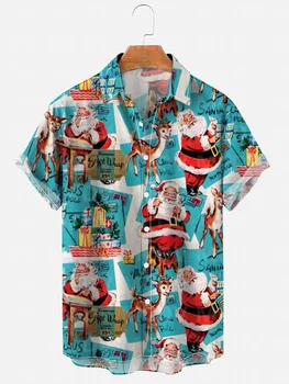 Мужская и женская рождественская повседневная рубашка с художественным принтом Санта-Клауса, Рождественская Гавайская рубашка
