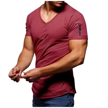 Мужская футболка С V-образным вырезом, Однотонная Повседневная Футболка с коротким рукавом на молнии Большого размера, Футболки с коротким рукавом Для Мужчин, Топы Y2k, Мужская одежда 반팔티
