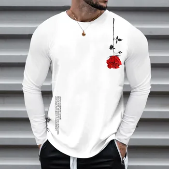 Мужская футболка с длинным рукавом и круглым вырезом в минималистичном стиле с забавными принтами в виде роз, дышащий топ