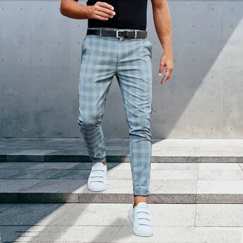 Мужские брюки-карандаш с решетчатым принтом, Винтажные брюки с узким поясом и карманами, Элегантные брюки Harajuku, Деловые офисные Панталоны