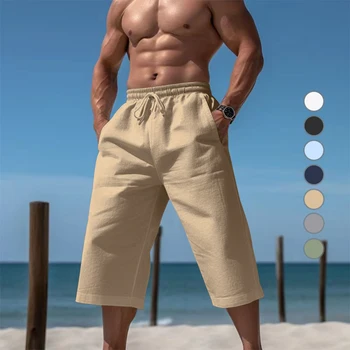 Мужские летние хлопковые и льняные 7-точечные шорты, новый популярный тренд, уличные прогулки, пляжные путешествия, однотонные плавки
