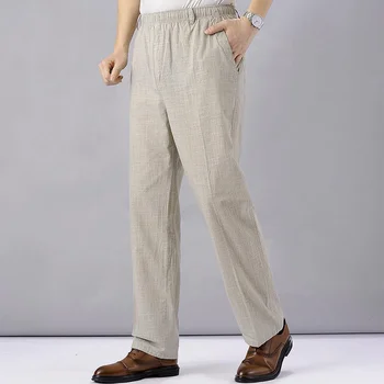 Мужские льняные брюки с высокой талией, легкие Летние мужские 2023, Тонкая одежда, свободные хлопчатобумажные брюки с резинкой, рабочие винтажные брюки