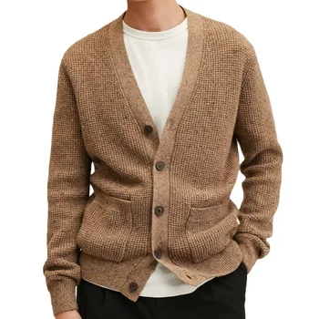 Мужское трикотажное пальто с длинным рукавом и V-образным вырезом, повседневный кардиган, Вязаный свитер, утолщенная теплая куртка, Винтажная мода, Осень, зима