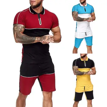 Мужской комплект коротких спортивных костюмов Colorblock, спортивные костюмы из 2 предметов, мужские комплекты летней повседневной одежды, рубашка с лацканами и шорты, спортивный костюм поло