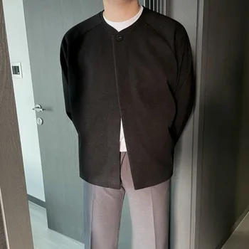 Мужской твидовый пиджак премиум-класса Осень 2023, новая Корейская версия, свободный повседневный укороченный жакет, кардиган, топ
