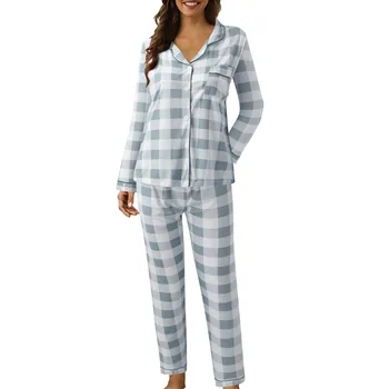 Новая пижама в клетку с принтом, Женские весенние брюки с длинным рукавом, комплект из двух предметов, Модный женский повседневный костюм для дома, сексуальная пижама, Пижама