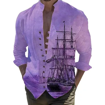 Новогодняя рубашка Мужская с 3D цифровым принтом в виде лодки, карман, пряжка, Лацкан, рубашка с короткими рукавами, приталенные рубашки, Модные мужские рубашки