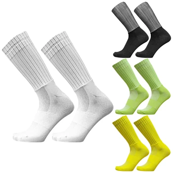 Новые мужские и женские велосипедные носки в полоску однотонного цвета с нескользящим силиконовым дышащим и впитывающим пот носком со средним рукавом