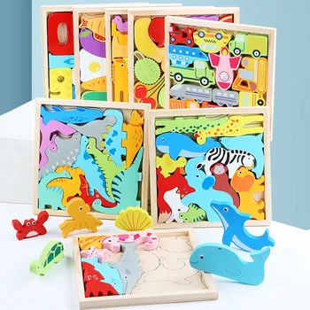 Новый 3D деревянный пазл для детей, обучающий захват руками, настольная игра, Мультяшные животные, Фрукты, Динозавры, игрушки-пазлы, подарки