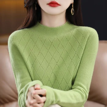 Осенне-зимний новый женский модный однотонный вязаный пуловер из 100% чистой шерсти с полувысоким вырезом, свободный полый свитер