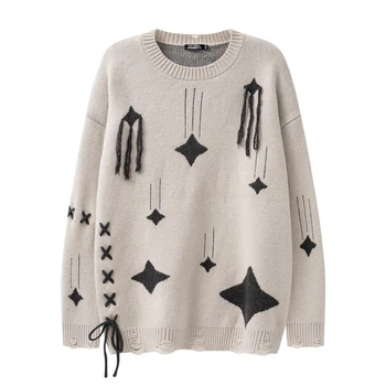Осенне-зимний рваный трикотаж неправильной формы, Новые жаккардовые пуловеры с кружевом Meteor, парный свитер большого размера, пуловеры с круглым вырезом