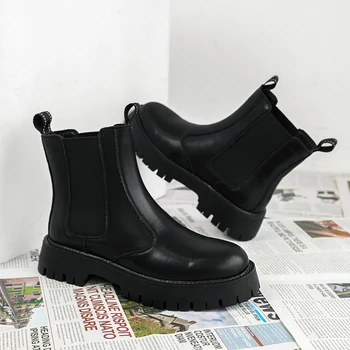 Осенние черные мужские ботильоны, модная повседневная кожаная обувь с высоким берцем на молнии, мужские уличные удобные мужские ботинки в стиле ретро без застежки