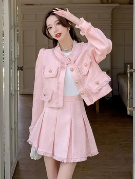 ОСЕННИЙ женский Розовый однобортный жакет 2023 + плиссированный комплект из 2 предметов, Женская куртка с длинным рукавом + мини-юбки, костюм Корейской моды