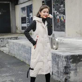Осень-Зима, Новое модное пальто выше колена с капюшоном и хлопковой подкладкой, женский длинный жилет, повседневный жилет, пальто