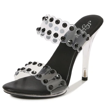Пикантная брендовая обувь со стразами, дизайнерские тапочки, женские тапочки на высоком каблуке-шпильке большого размера.