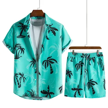 Пляжная одежда для мужчин, комплект из 2 предметов, Быстросохнущая гавайская рубашка и шорты, мужская модная одежда, повседневные наряды с принтом, летние наряды