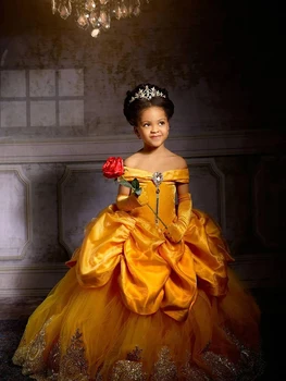 Прекрасные желтые кружевные платья с аппликацией из кристаллов для девочек-цветочниц на свадьбу, праздничные платья для причастия принцессы, выпускной 2023