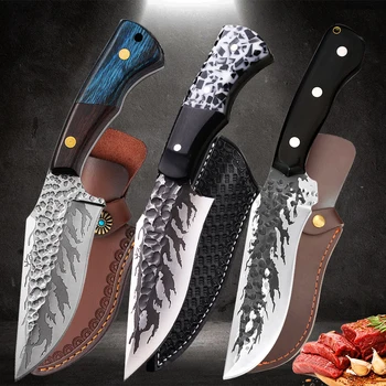Профессиональный кухонный разделочный нож для мяса из нержавеющей стали 5cr15, нож для разделки мяса, кованый нож для выживания на открытом воздухе с чехлом