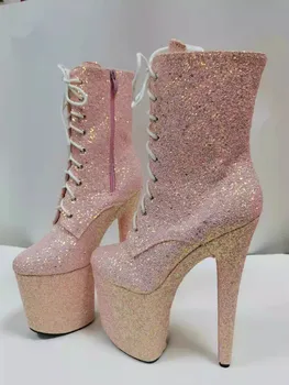 Розовые ботильоны с блестками на ультра каблуке 15 см 20 см, на высокой платформе, на шнуровке, подиумные ботинки, Шикарные сценические пинетки
