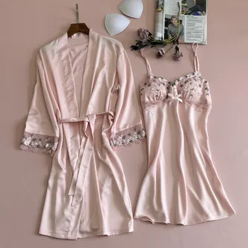 Розовый кружевной халат, женский атлас, пижамы из 2 предметов, шелковое кимоно с V-образным вырезом, ночная рубашка и халат, женский повседневный комплект для сна, домашняя одежда
