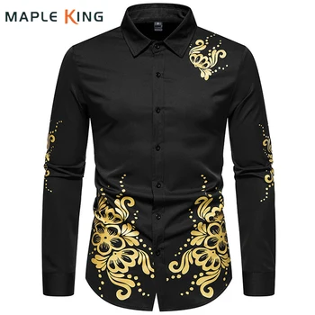 Роскошные дизайнерские рубашки с цветочным принтом, отливающие золотом, мужская одежда, Элегантная вечерняя рубашка на пуговицах для джентльмена с длинным рукавом