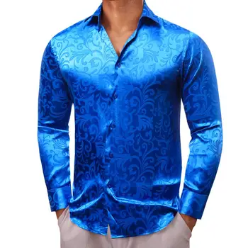 Роскошные мужские рубашки с длинным рукавом, шелковый атлас, Облегающие мужские блузки в голубой цветочек, Топы с отложным воротником, Дышащая одежда