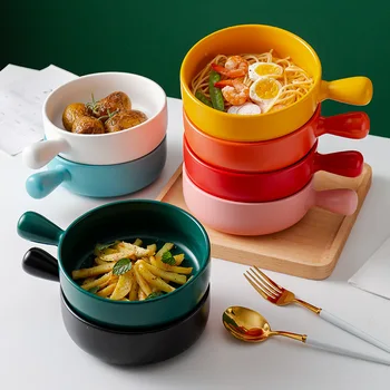 Салатница, Многоцветная миска для выпечки с ручкой, тарелка для спагетти, Простая бытовая посуда, Миска для супа, лапши, миска для запеченного риса