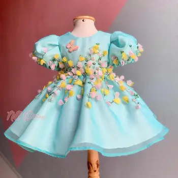 Светло-небесно-голубые платья с цветочным узором для девочек на свадьбу, бусы, детский день рождения, атласное платье для девочек, нарядные платья для вечеринок