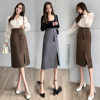 Темпераментная юбка с разрезом для поездок на работу, с высокой талией, Весна-осень, новый стиль средней длины, корейская мода, профессиональная юбка для женщин
