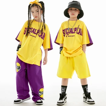 Топы, Свободные брюки, Летняя модная детская одежда, Новый танцевальный костюм в стиле хип-хоп для мальчиков и девочек, желтая футболка