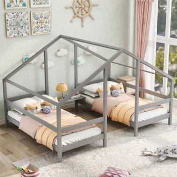 Треугольные домашние кровати Ouble Twin со встроенным столом\ Grey Серая сосна [со склада в США]