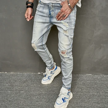Уличная одежда, мужские стильные узкие джинсовые брюки с дырками, весенние мужские повседневные джинсовые брюки-карандаш