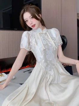 Улучшенное платье Миди Cheongsam в винтажном китайском стиле, лето 2023, Жаккардовое женское платье с пряжкой в стиле ретро, Тонкое платье OL на шнуровке, вечернее платье