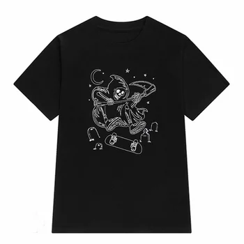 Футболка с рисунком скелета для скейтборда в готическом стиле, Винтажная эстетическая Хлопковая футболка Harajuku с коротким рукавом, Мужская футболка Унисекс в гранжевом стиле Egirl Y2k, топы