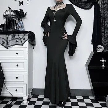 Черное Макси-платье на молнии, Приталенное Женское платье с длинным рукавом, летящий рукав, Элегантное Длинное платье с V-образным вырезом, Элегантная одежда для вечеринок